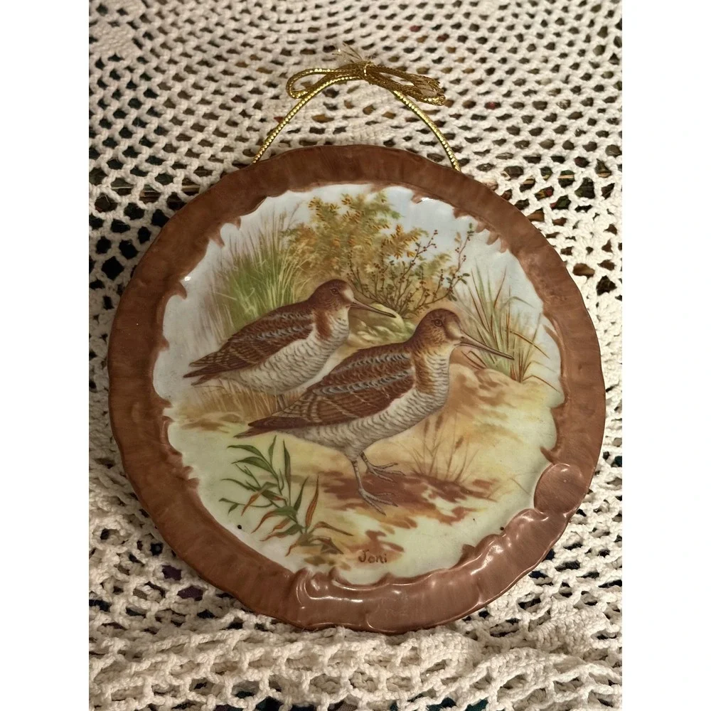 Vintage Joni Woodcock Bird Decorative Wall Hanging Plate Brown Scalloped Rim